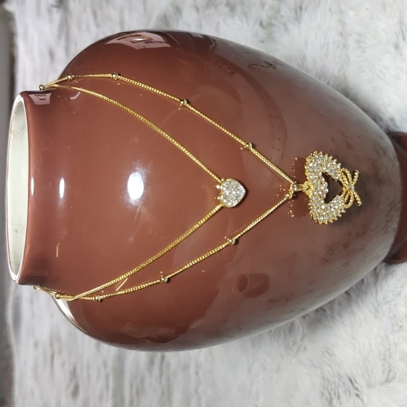 Double Gold Toned 2 Hearts with Crystals Necklace - Picture 1 of 7